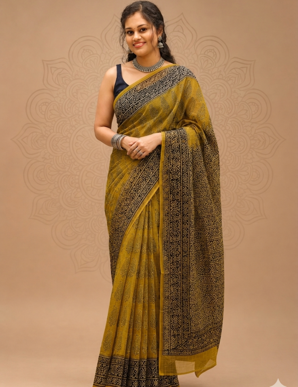 Mustard Yellow Mango Bagru Handblock Kota Doriya Saree