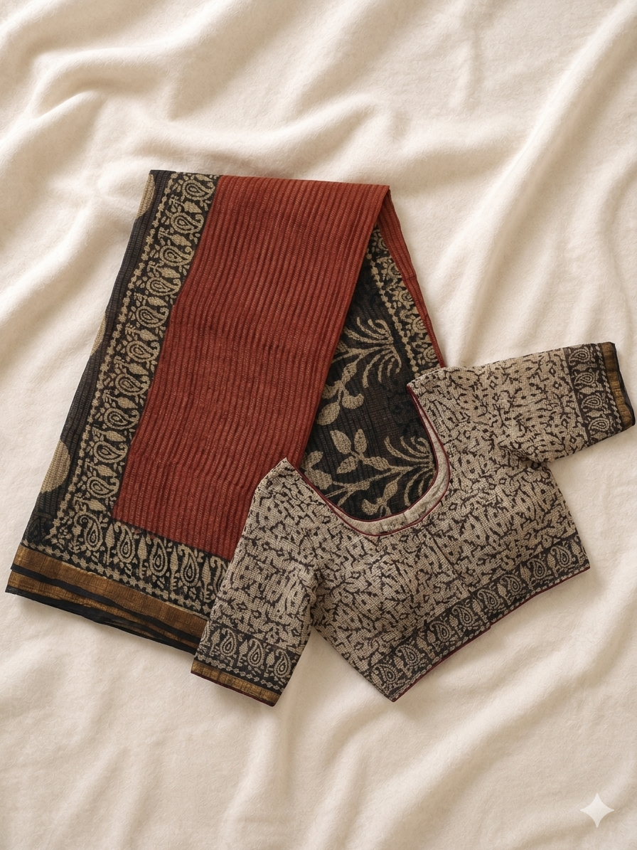 Maroon Hand Block Printed Kota Doria Saree with Black Floral Pallu