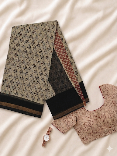 Beige & Black Kota Doria Saree with Hand Block Print and Contrast Red Pallu