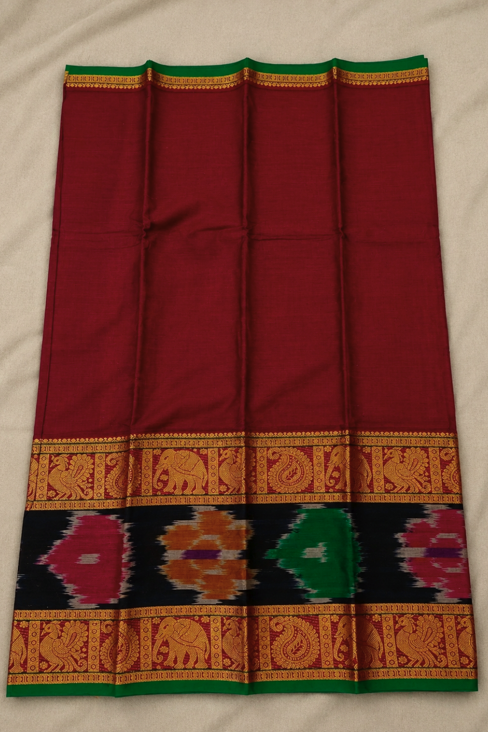 Maroon Narayanpet Cotton Saree with Pochampally-Inspired Ikat & Elephant Motif Border