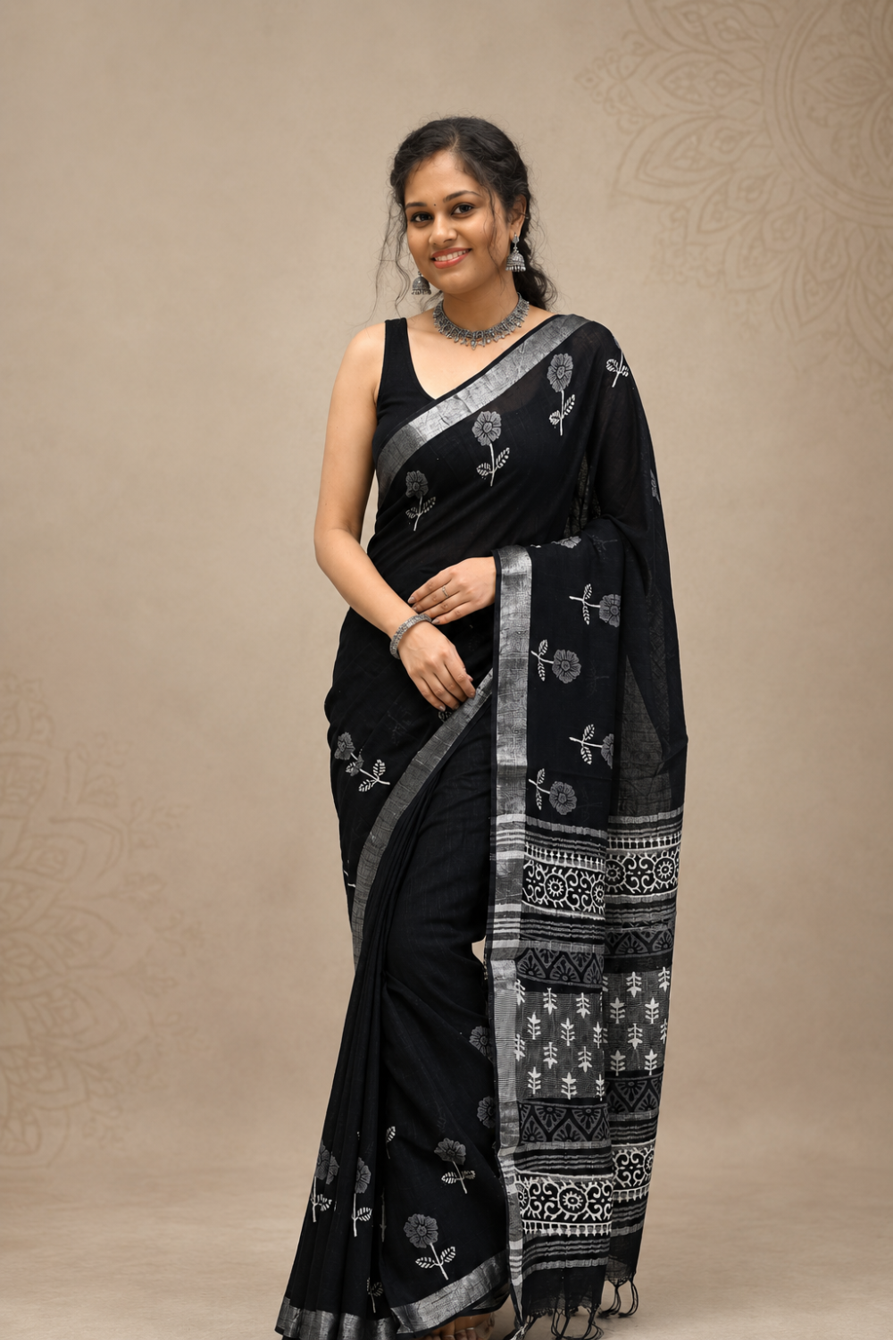 Black Hand Block Print Linen Saree with Silver Woven Border