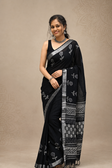 Black Hand Block Print Linen Saree with Silver Woven Border