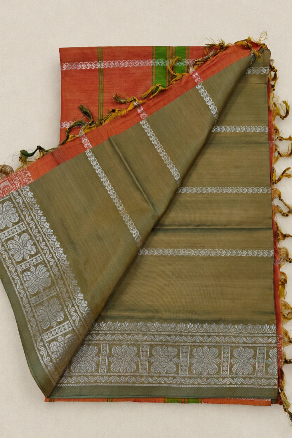 Olive Green & Rust Orange Vegan Silk Saree with Silver Zari Floral Border