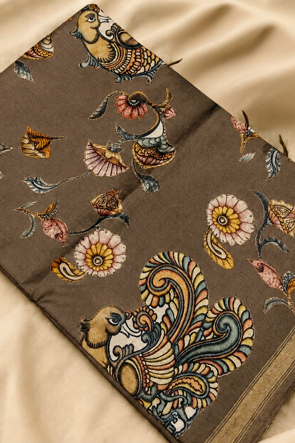 Brown Linen Chanderi Saree with Floral & Peacock Appliqué