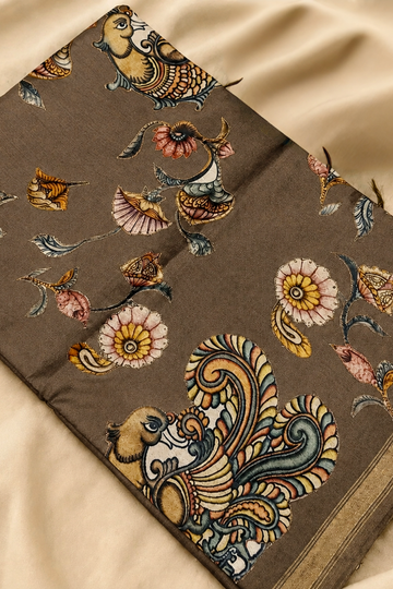 Brown Linen Chanderi Saree with Floral & Peacock Appliqué