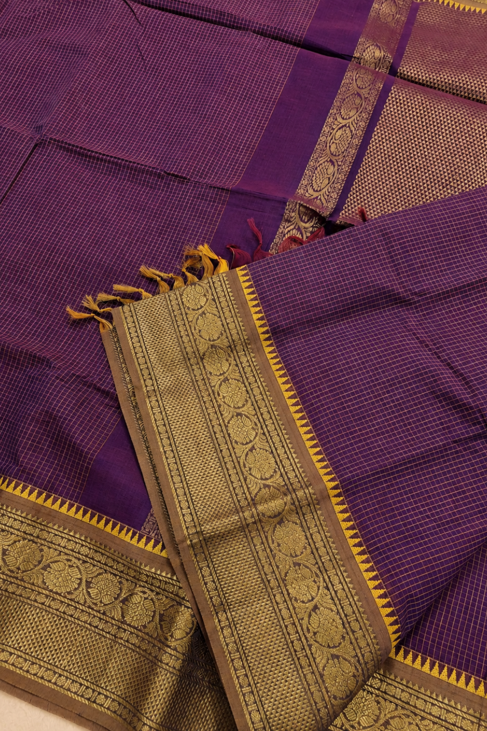 Royal Purple Chettinad Cotton Saree with Rich Gold Zari Border