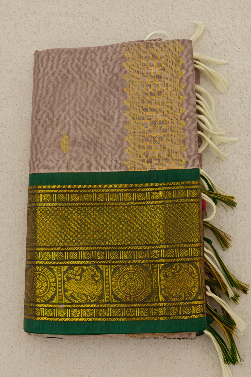 Elegant Beige Chettinad Cotton Saree with Green & Gold Zari Border