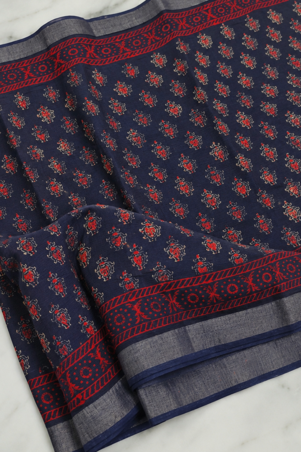 Navy Blue Linen Saree with Traditional Block Prints