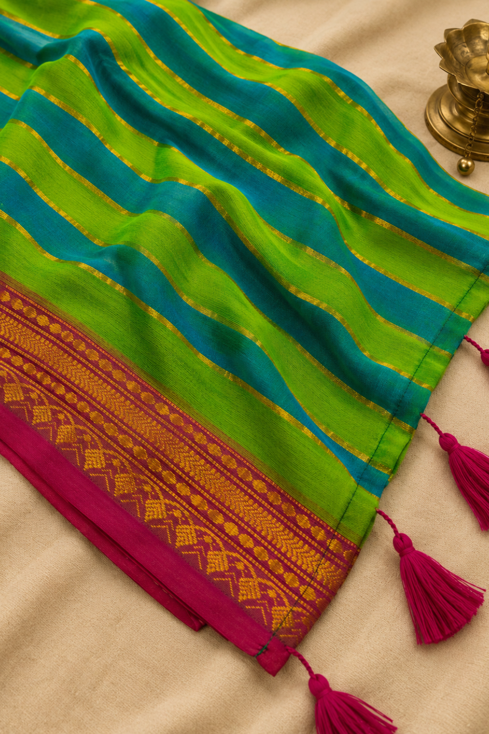 Blue & Green Striped Mul Mul Cotton Saree
