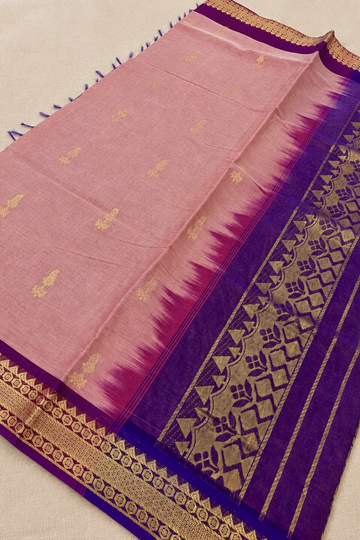 Blush Pink & Violet Chettinad Cotton Saree with Traditional Gold Zari Border