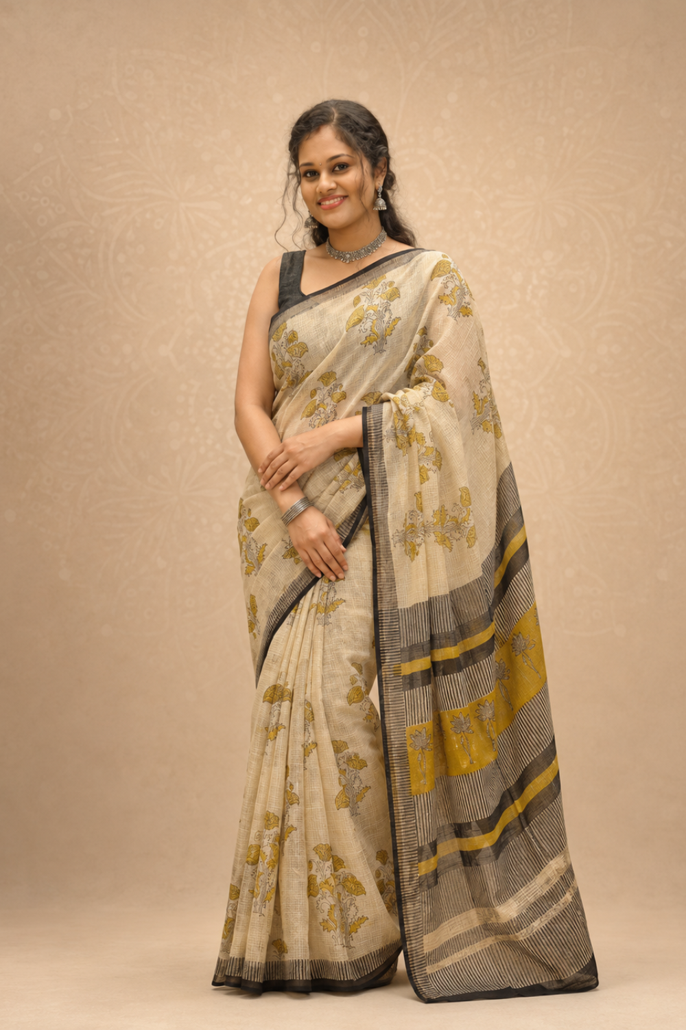 Ivory Hand Block Print Kota Doria Saree with Mustard Striped Pallu