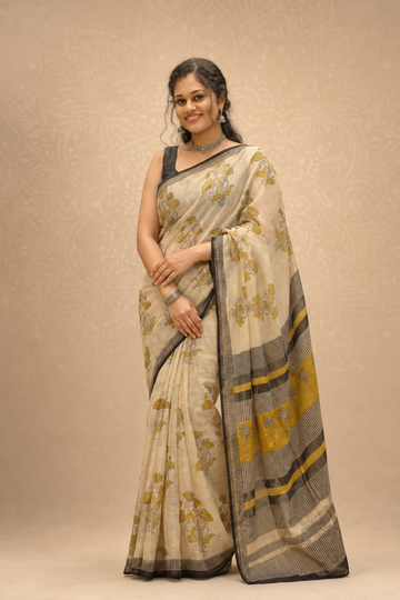 Ivory Hand Block Print Kota Doria Saree with Mustard Striped Pallu