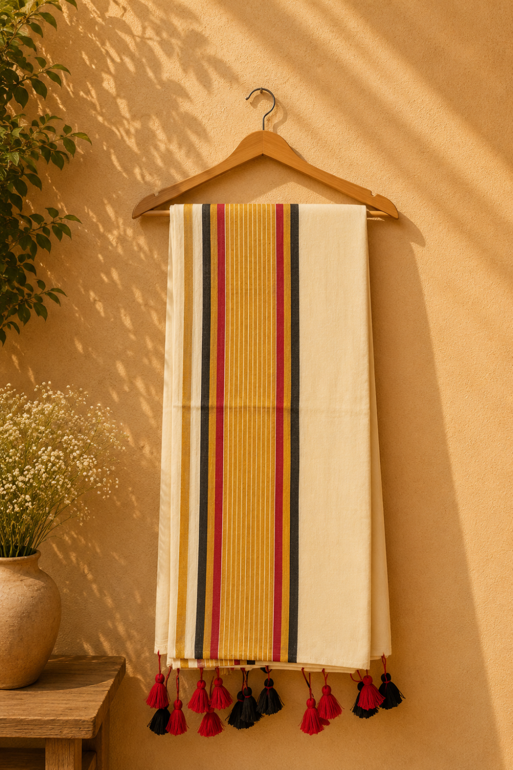 Off White Mul Mul Cotton Saree with Black & Red Temple Border