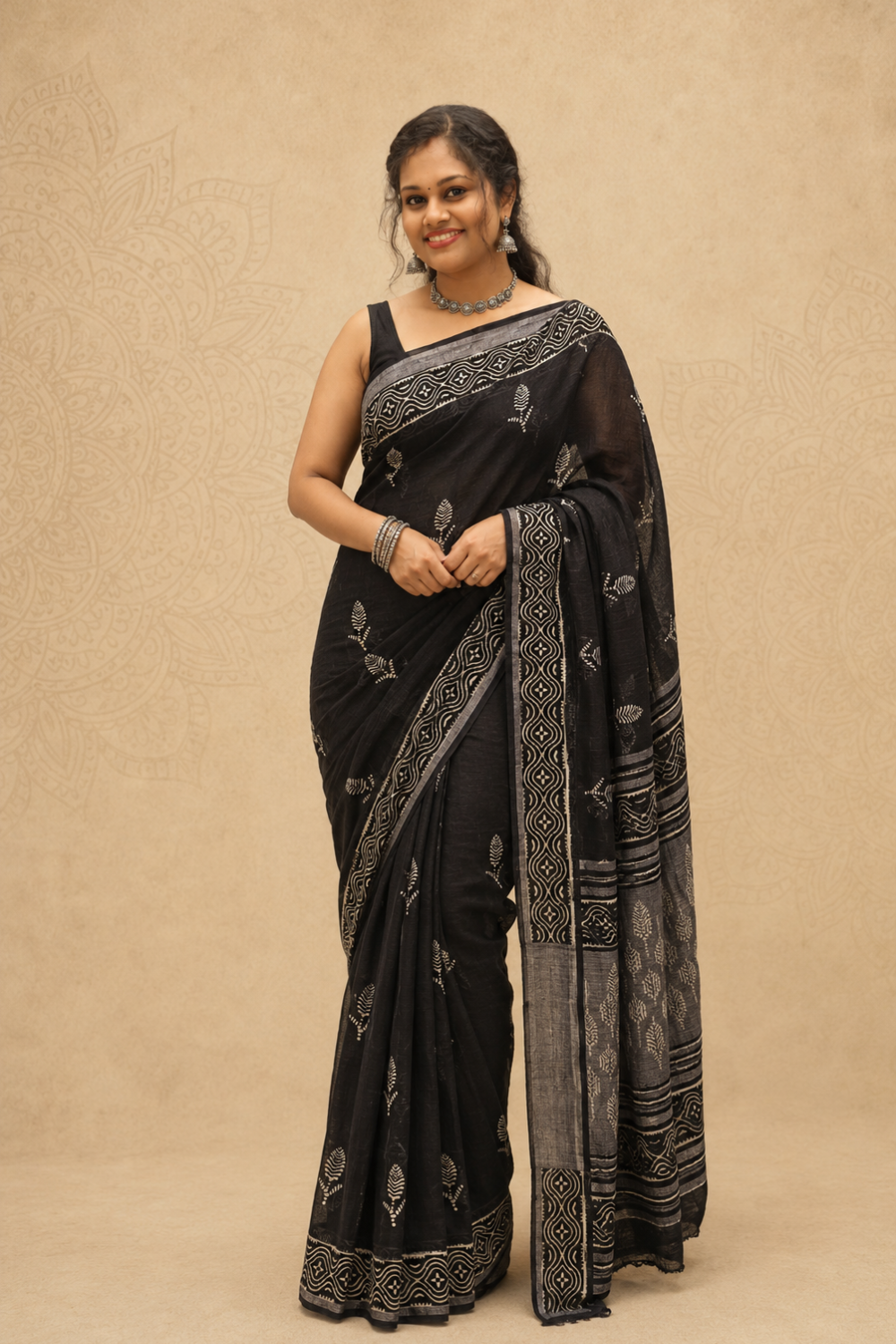 Black Hand Block Print Linen Saree with Woven Geometric Border