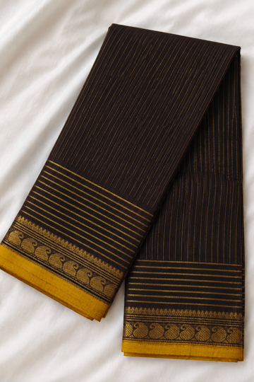 Coffee Brown Handloom Chettinad Cotton Saree with Stripes, Mango Motif Border & Mustard Yellow Selvedge