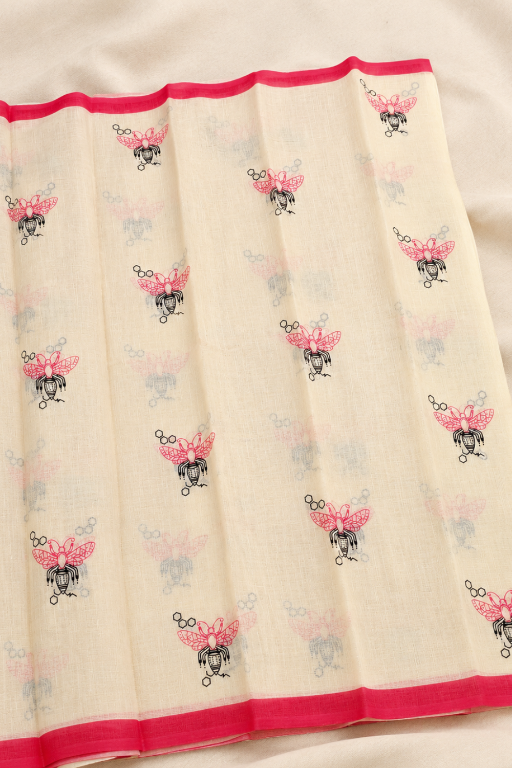 Ivory Linen Blend Saree with Pink Butterfly Print & Contrast Pink Border