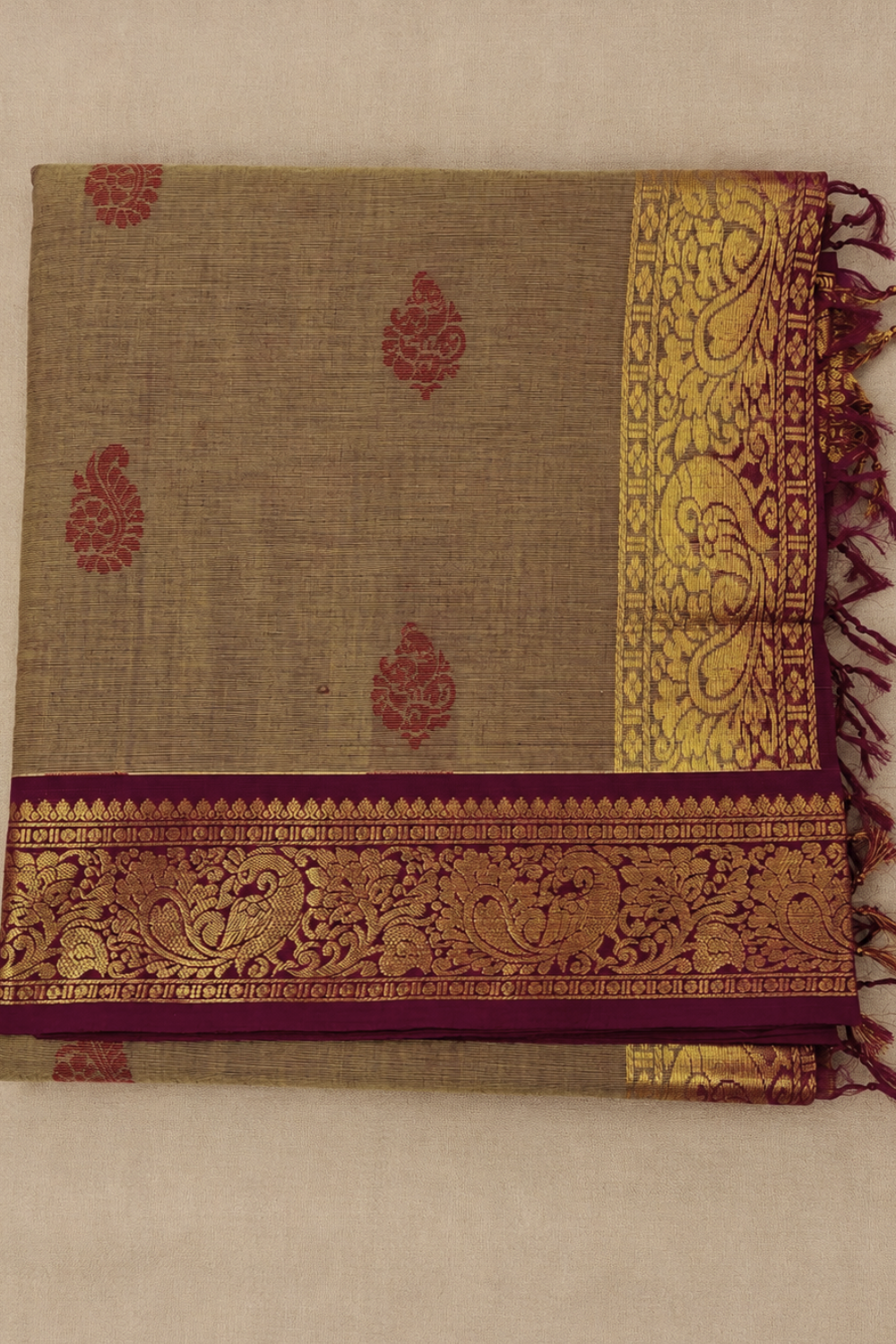 Taupe Beige Chettinad Cotton Saree with Magenta & Antique Gold Border