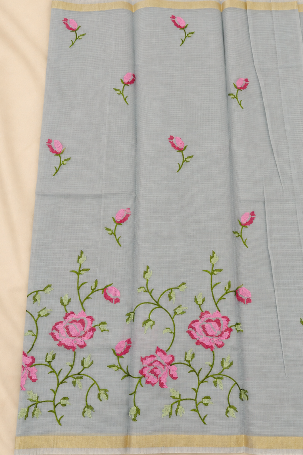 Elegant Dove Grey Embroidered Kota Saree