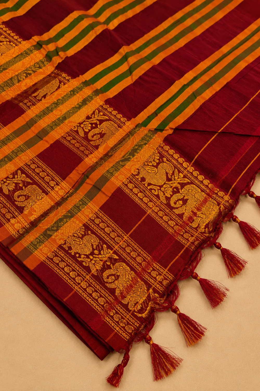 Maroon Narayanpet Cotton Saree with Traditional Gold Zari Border & Running Blouse