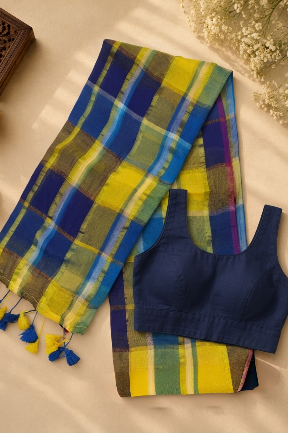 Blue & Green Multicolour Checked Mul Mul Cotton Saree