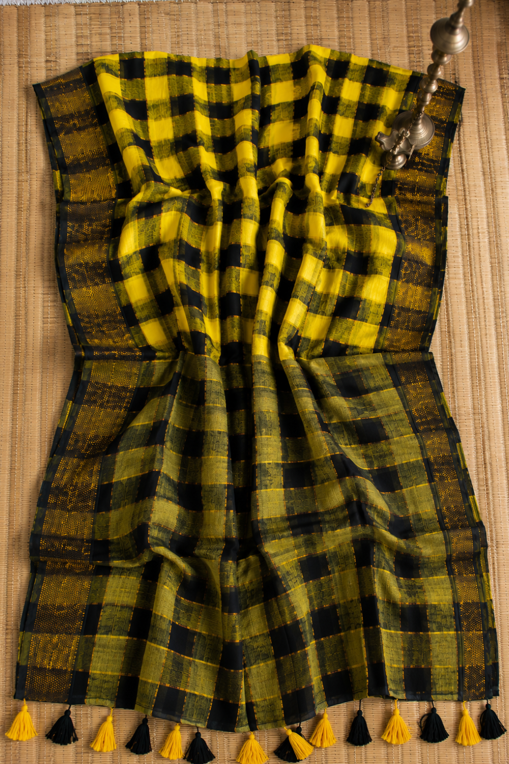 Black and Mustard Mul Mul Cotton Checked Saree