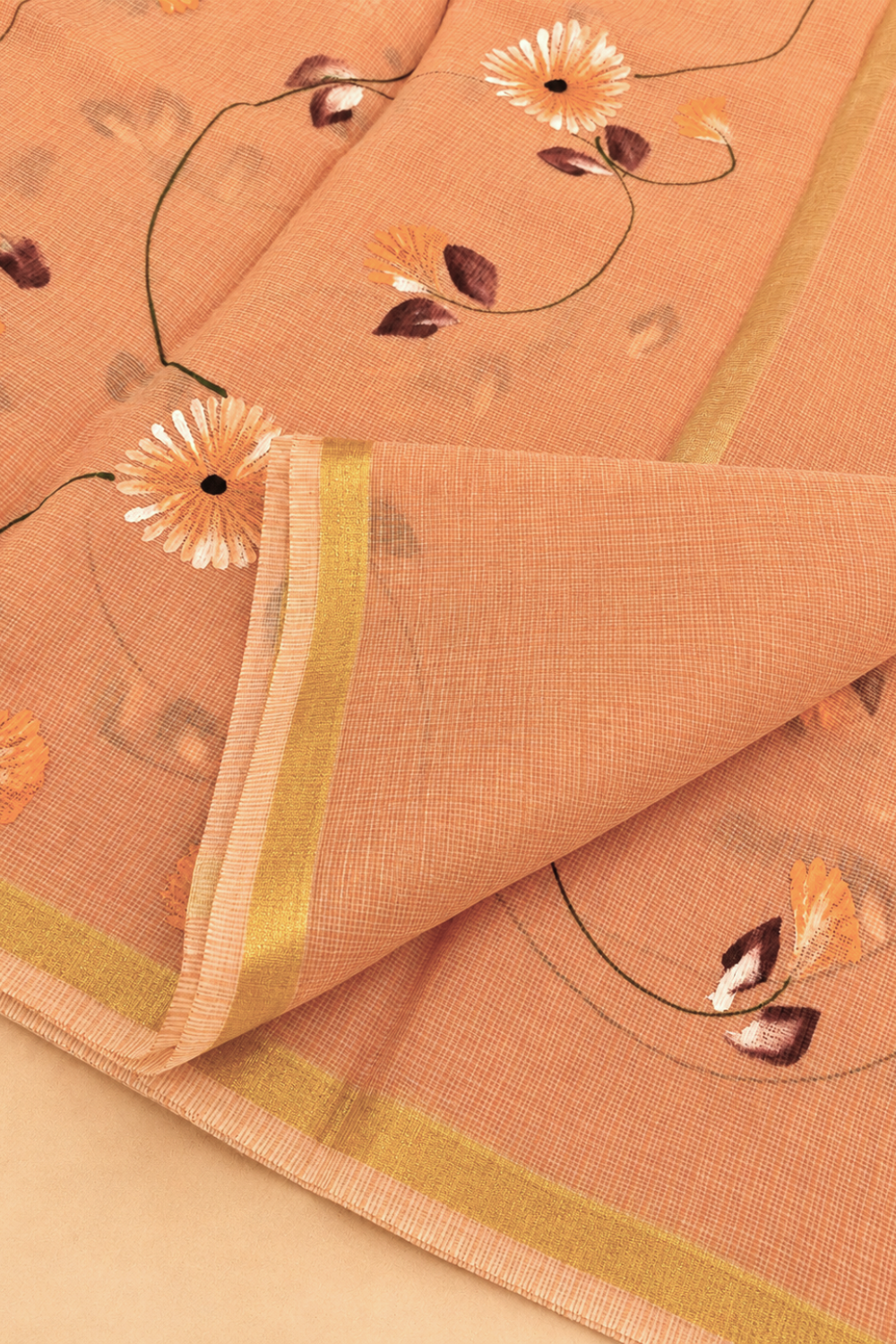 Peach Orange Hand-Painted Kota Saree with Floral Artwork & Golden Border