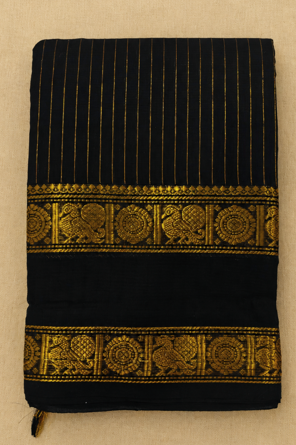 Classic Black Chettinad Cotton Saree with Traditional Golden Temple Border