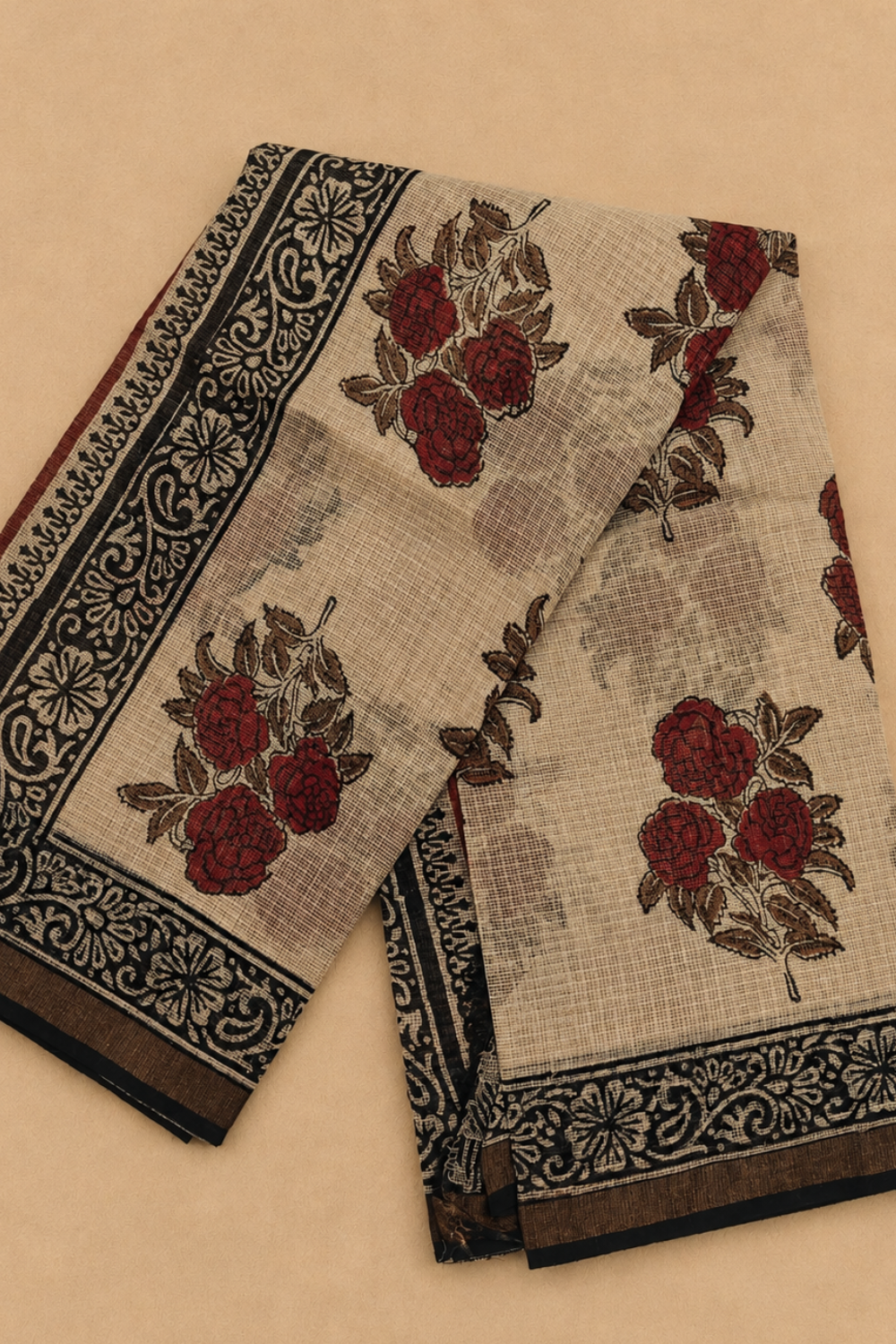 Ivory and Red Floral Hand Block Printed Kota Doria Saree