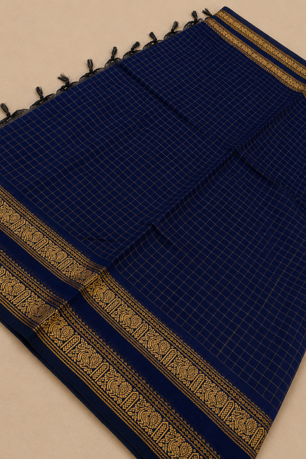 Royal Navy Blue Kanchi Cotton Saree with Gold Zari-Inspired Border & Checks