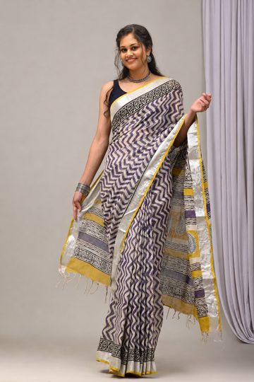 Ivory & Lavender Chevron Print Linen Saree with Mustard Accents