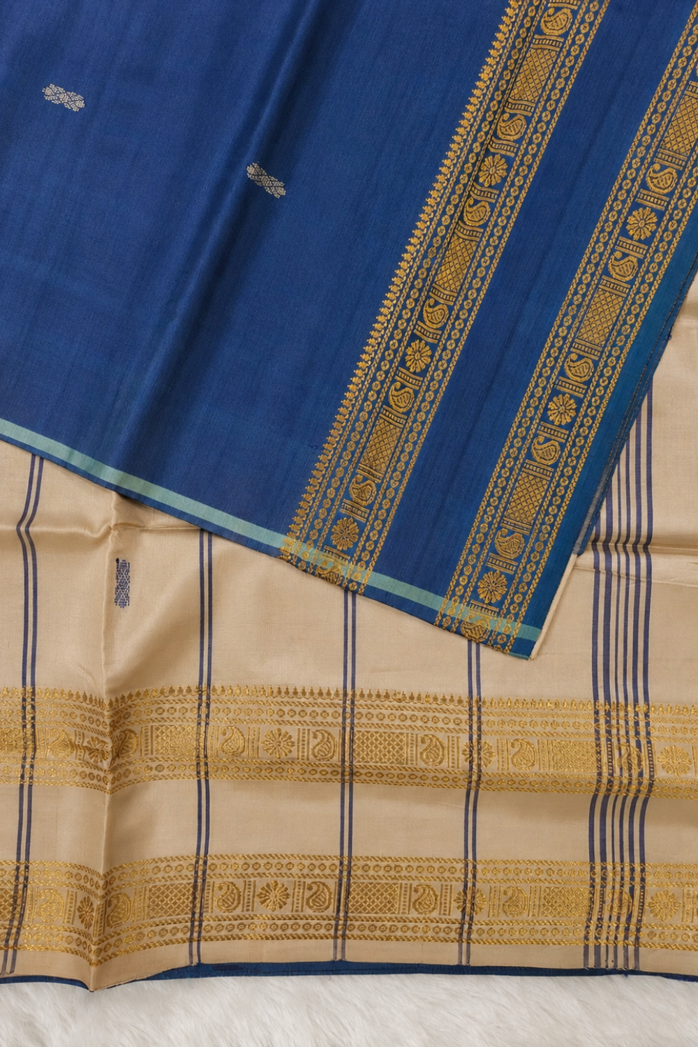 Royal Blue & Beige Vazhainaar Pattu Saree with Rich Gold Zari Border