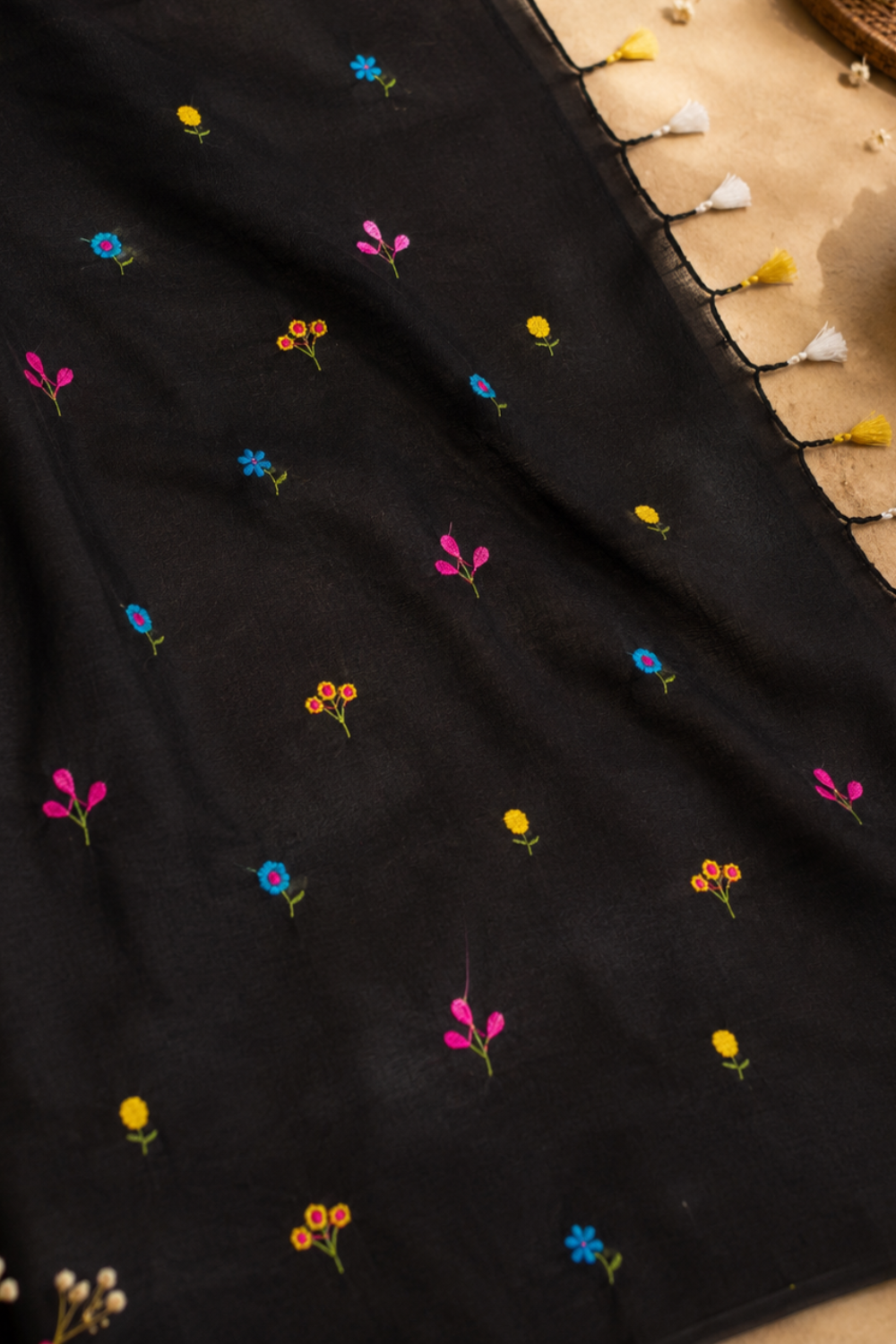 Black Linen Cotton Saree with Multicolour Floral Embroidery