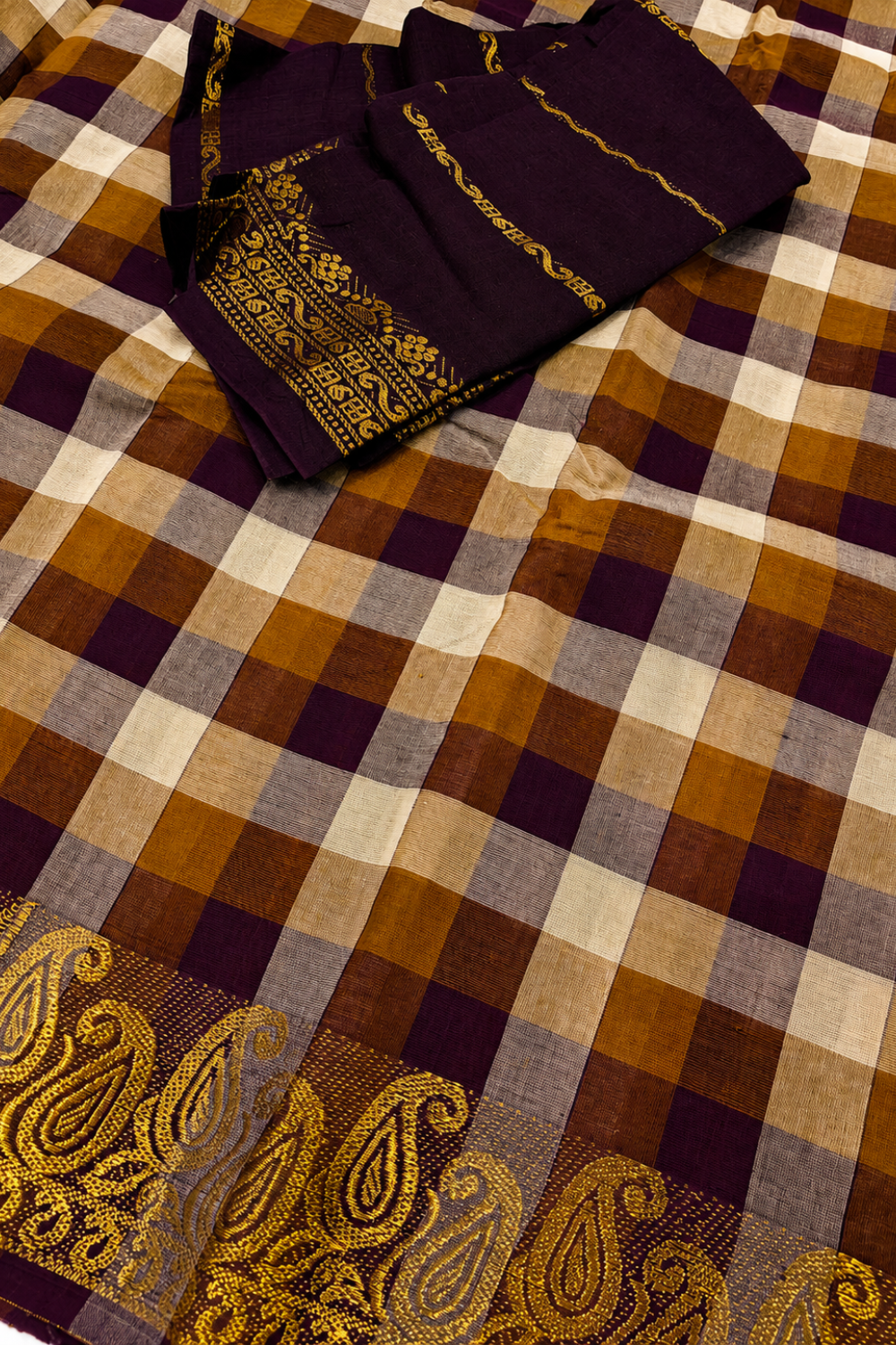 Brown Madras Checks Cotton Saree with Gold Zari Border