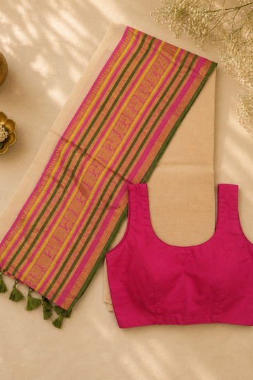 Off White 120 Count Mul Mul Cotton Saree with Pink & Green Zari Border
