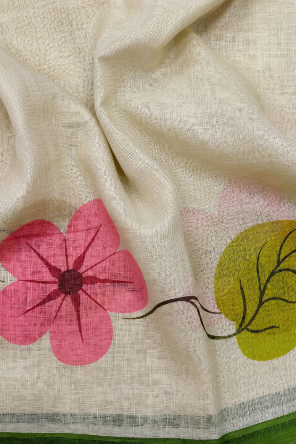 Ivory Floral Linen Blend Saree with Green Border