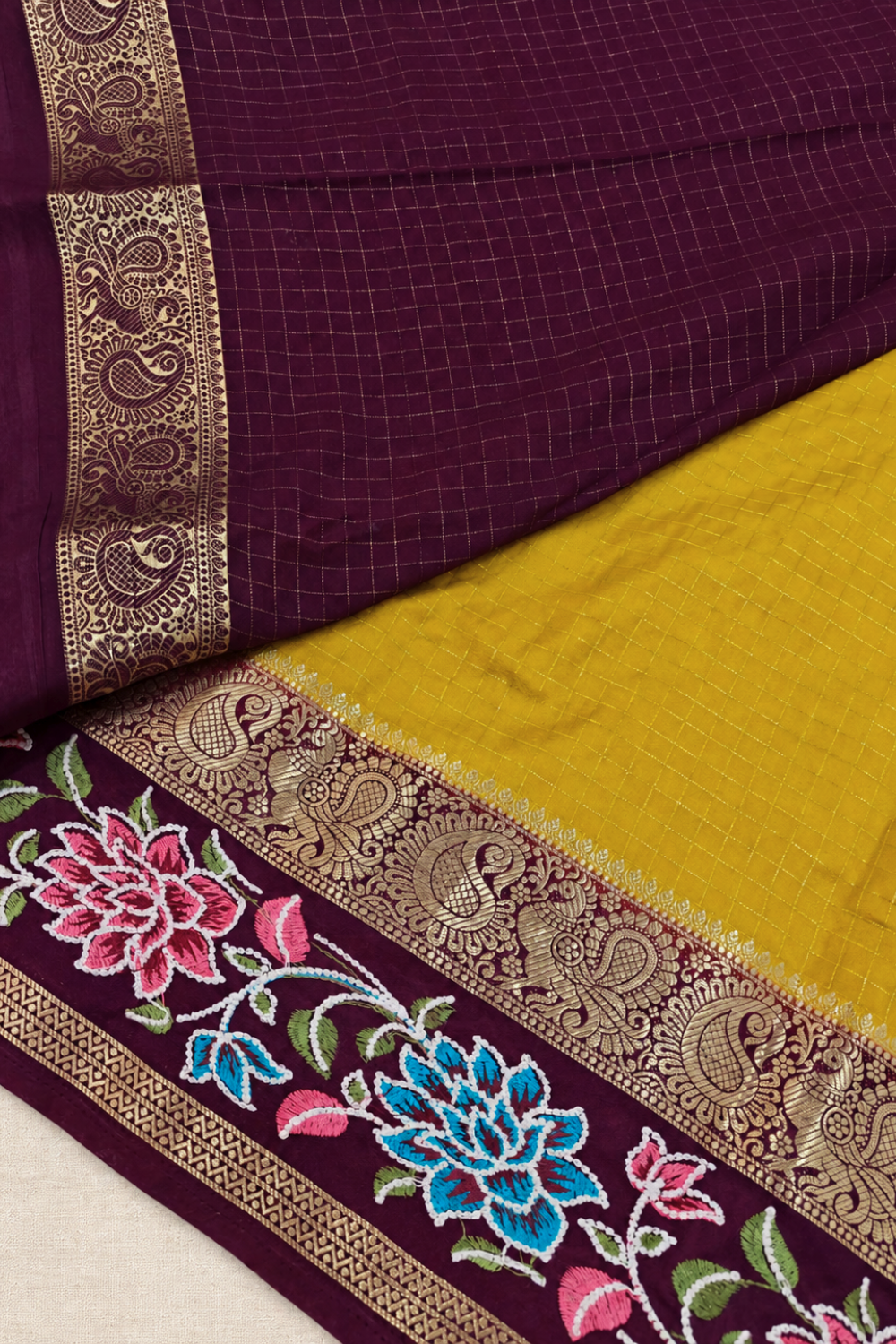 Mustard Yellow Mysore Crepe Saree with Rich Floral Contrast Border & Blouse