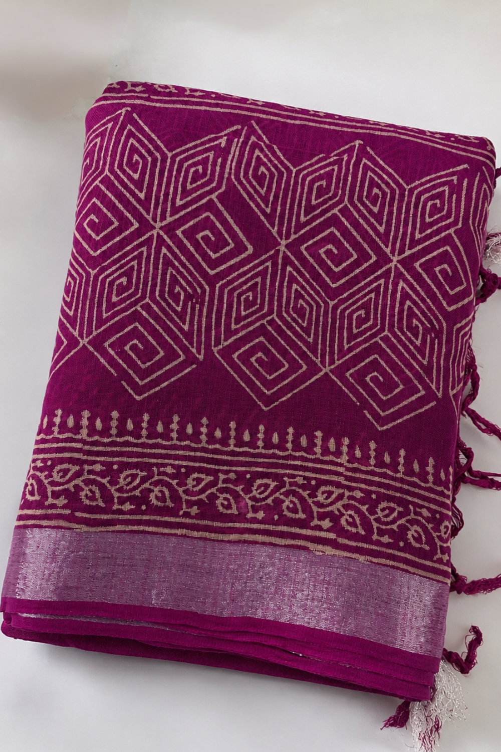 Wine Magenta Linen Saree with Traditional Block Print