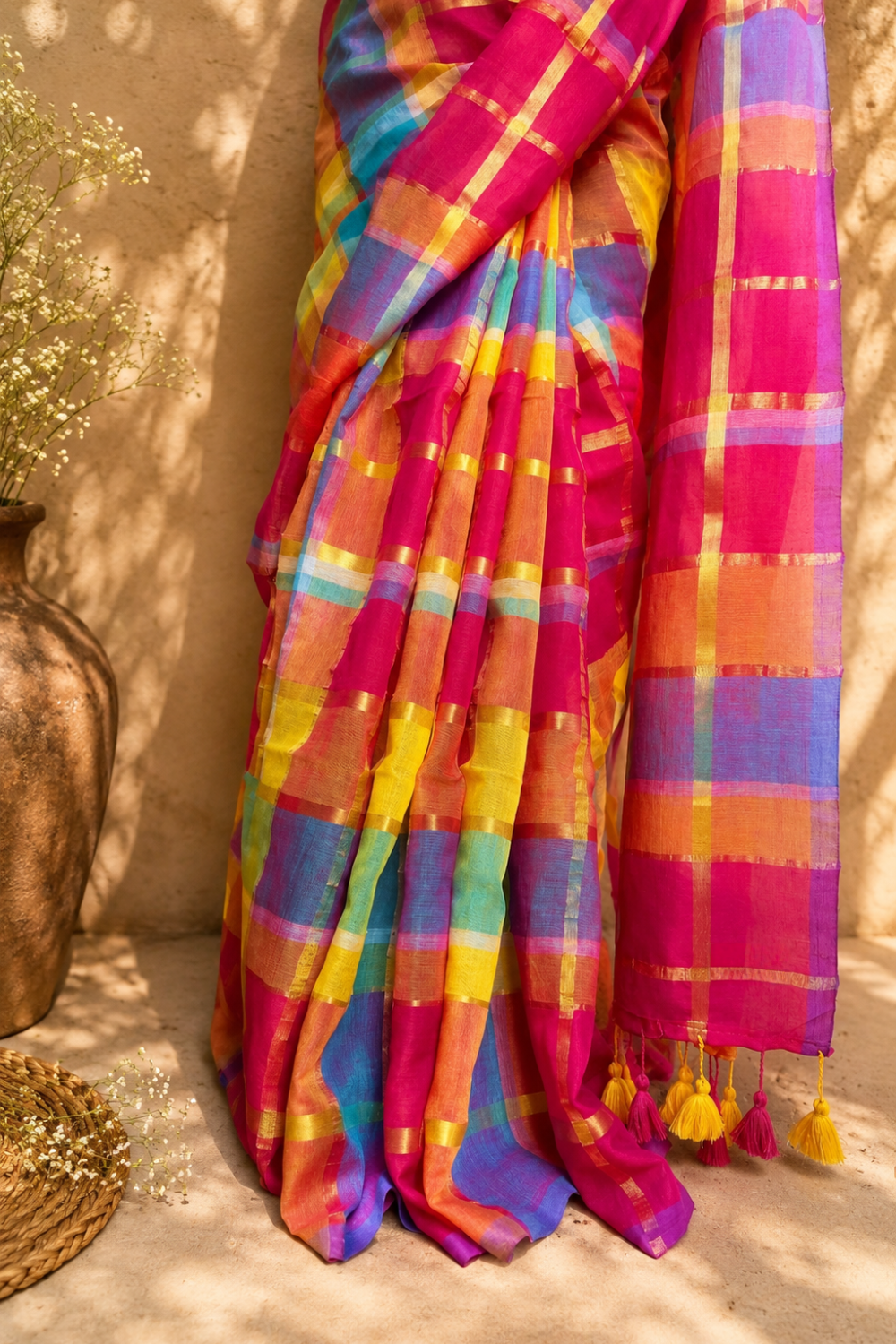 Multicolour Checked Mul Mul Cotton Saree