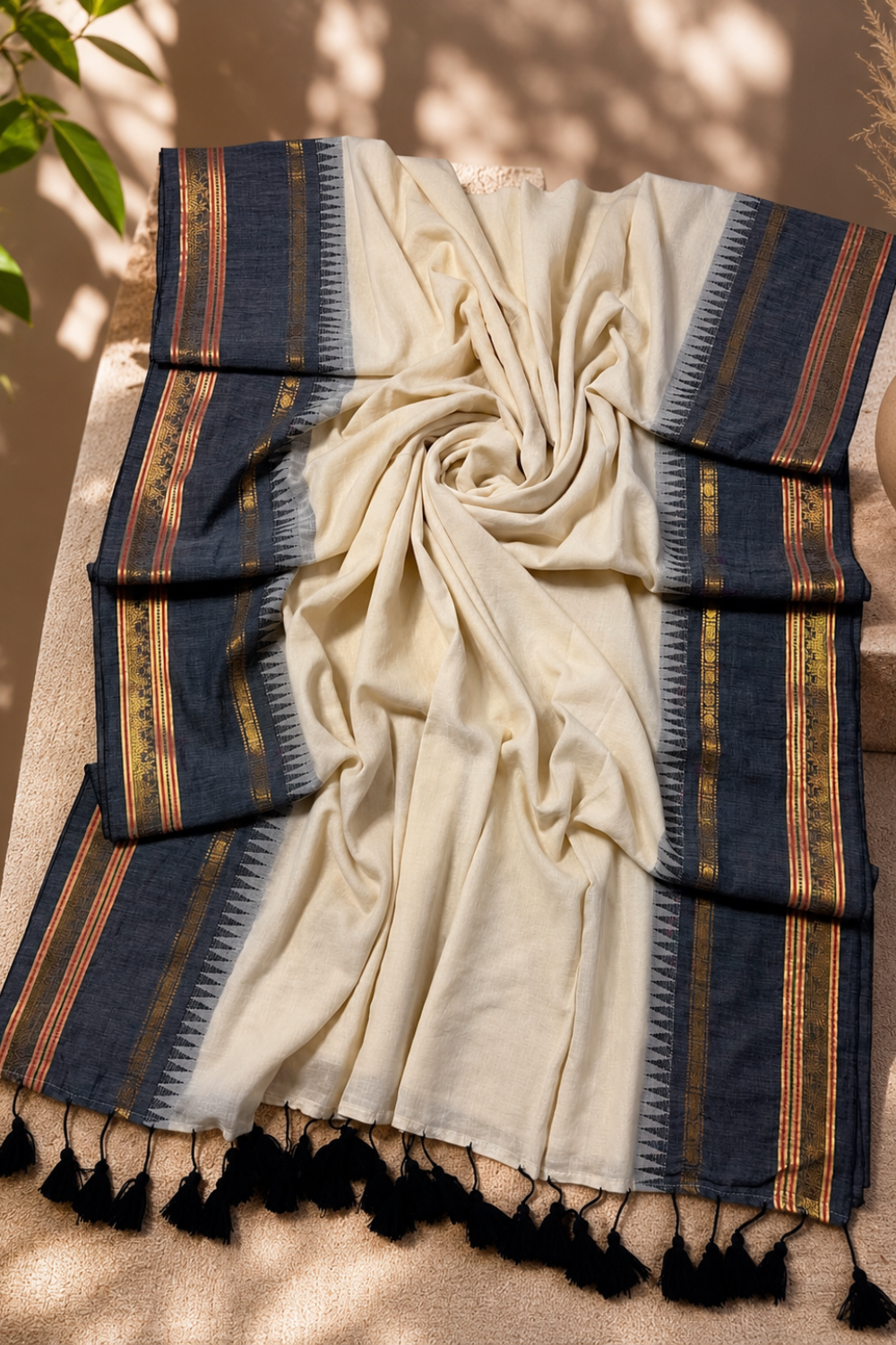 Off White Mul Mul Cotton Saree with Grey Temple Border