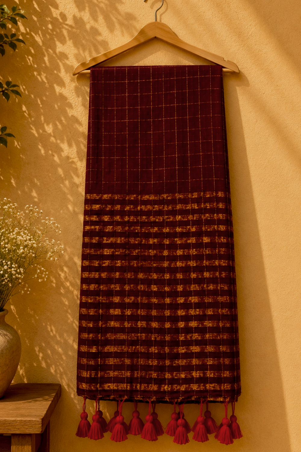 Deep Maroon Checked Mul Mul Cotton Saree with Zari Border & Tassel Pallu