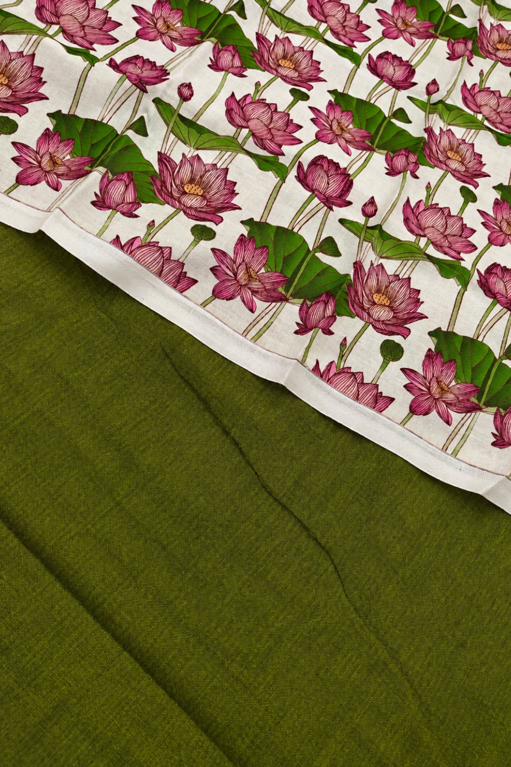 Olive Green Linen Cotton Saree with Lotus Printed Contrast Blouse