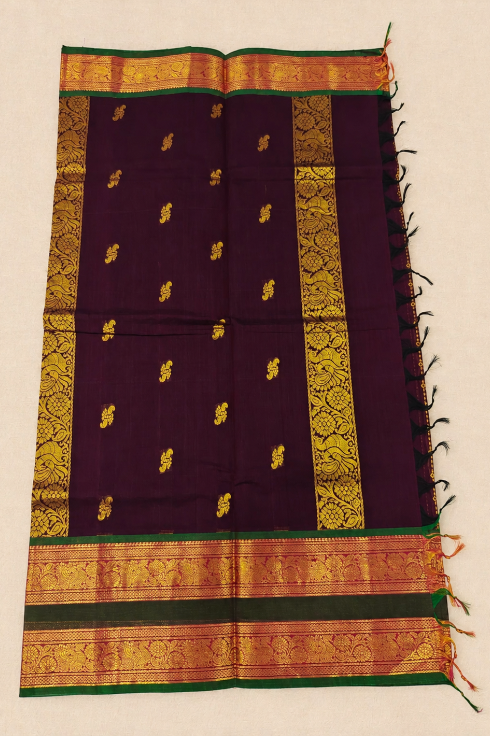 Deep Wine Chettinad Cotton Saree with Traditional Zari Border