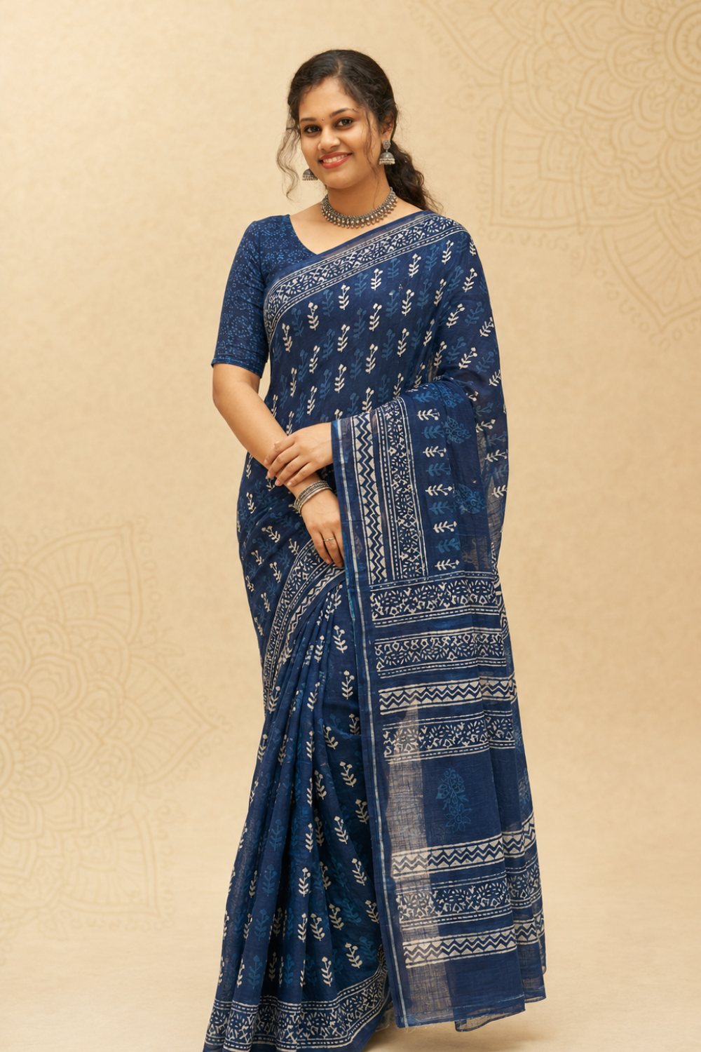 Indigo Blue Hand Block Print Linen Saree with Woven Border