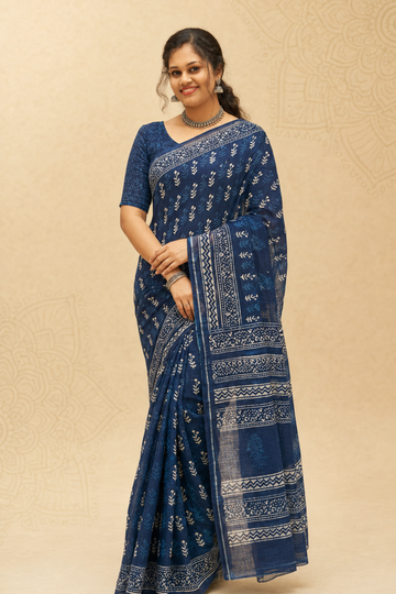 Indigo Blue Hand Block Print Linen Saree with Woven Border