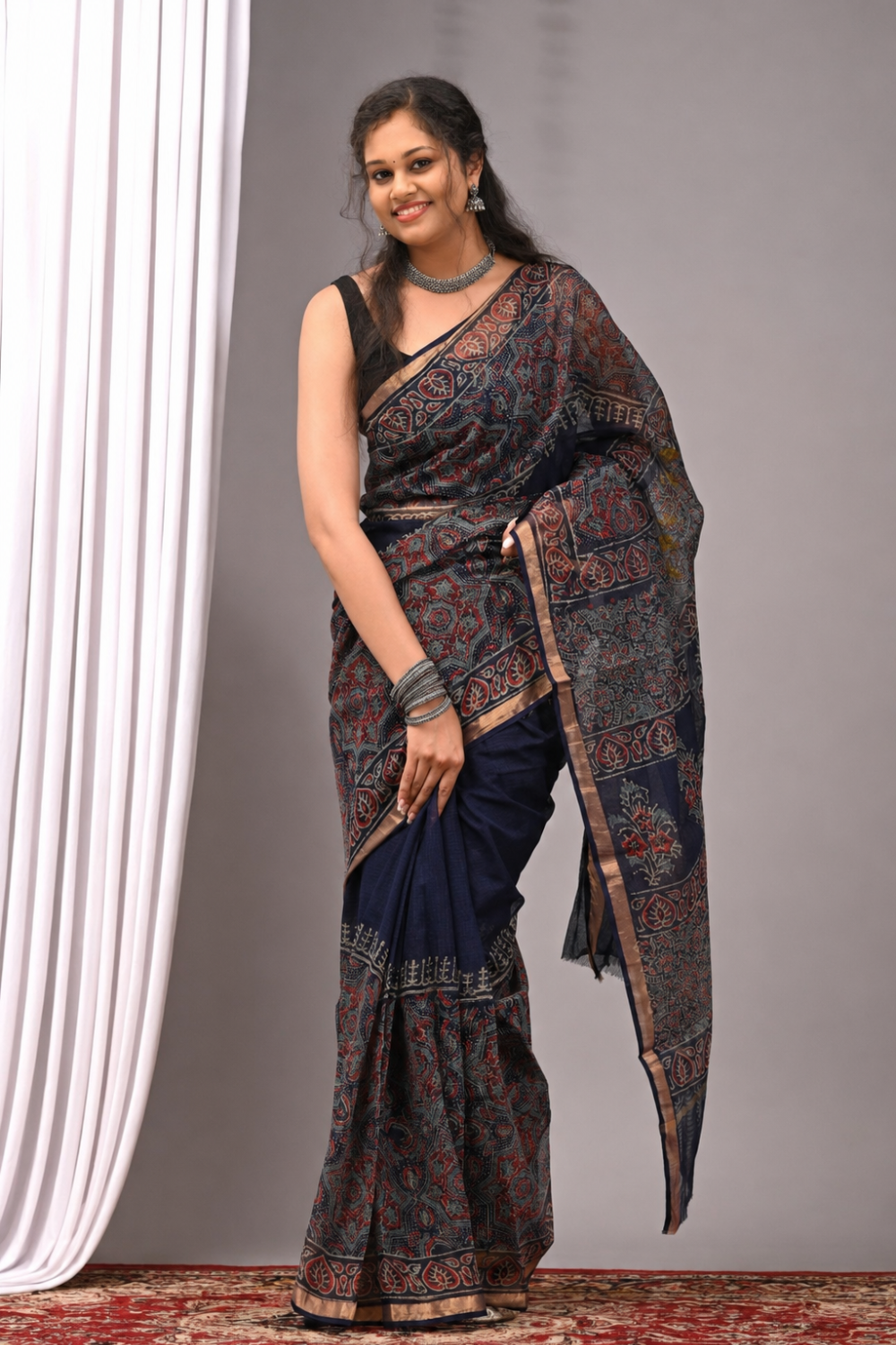 Navy Blue Hand Block Print Kota Doria Saree with Ajrakh Pallu