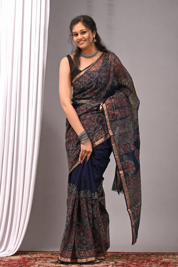 Navy Blue Hand Block Print Kota Doria Saree with Ajrakh Pallu