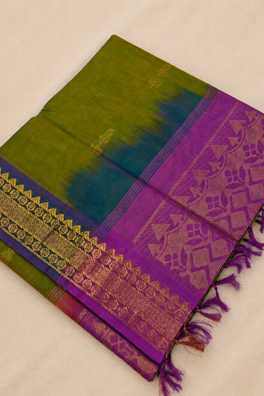 Parrot Green & Purple Chettinad Cotton Saree with Traditional Gold Motifs