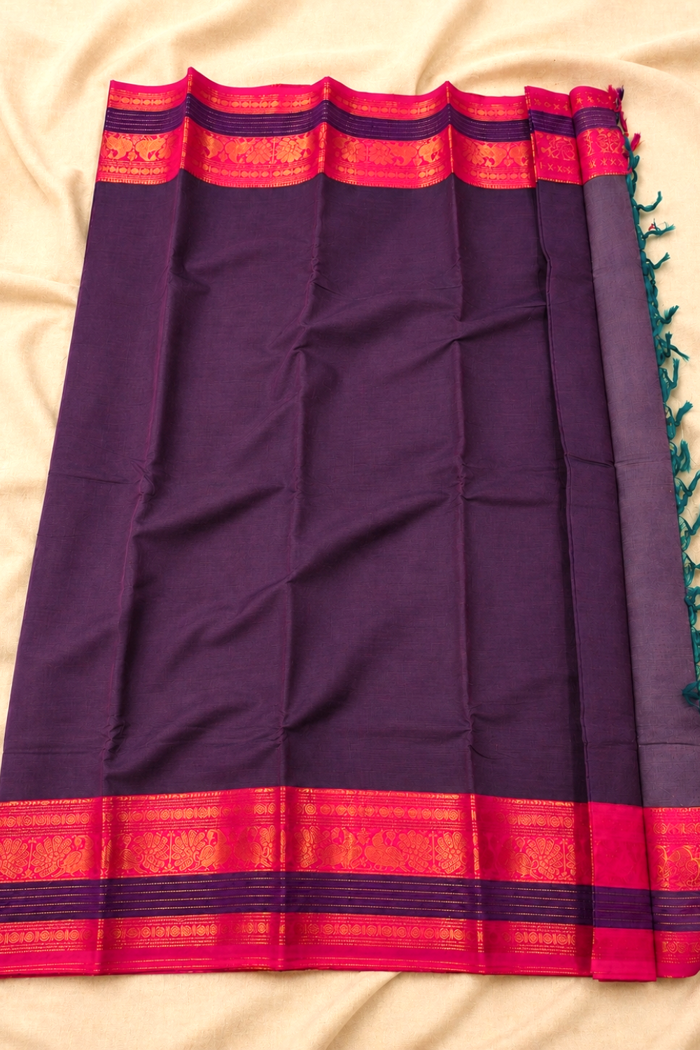 Purple Handloom Chettinad Cotton Saree with Rani Pink Peacock Motif Border