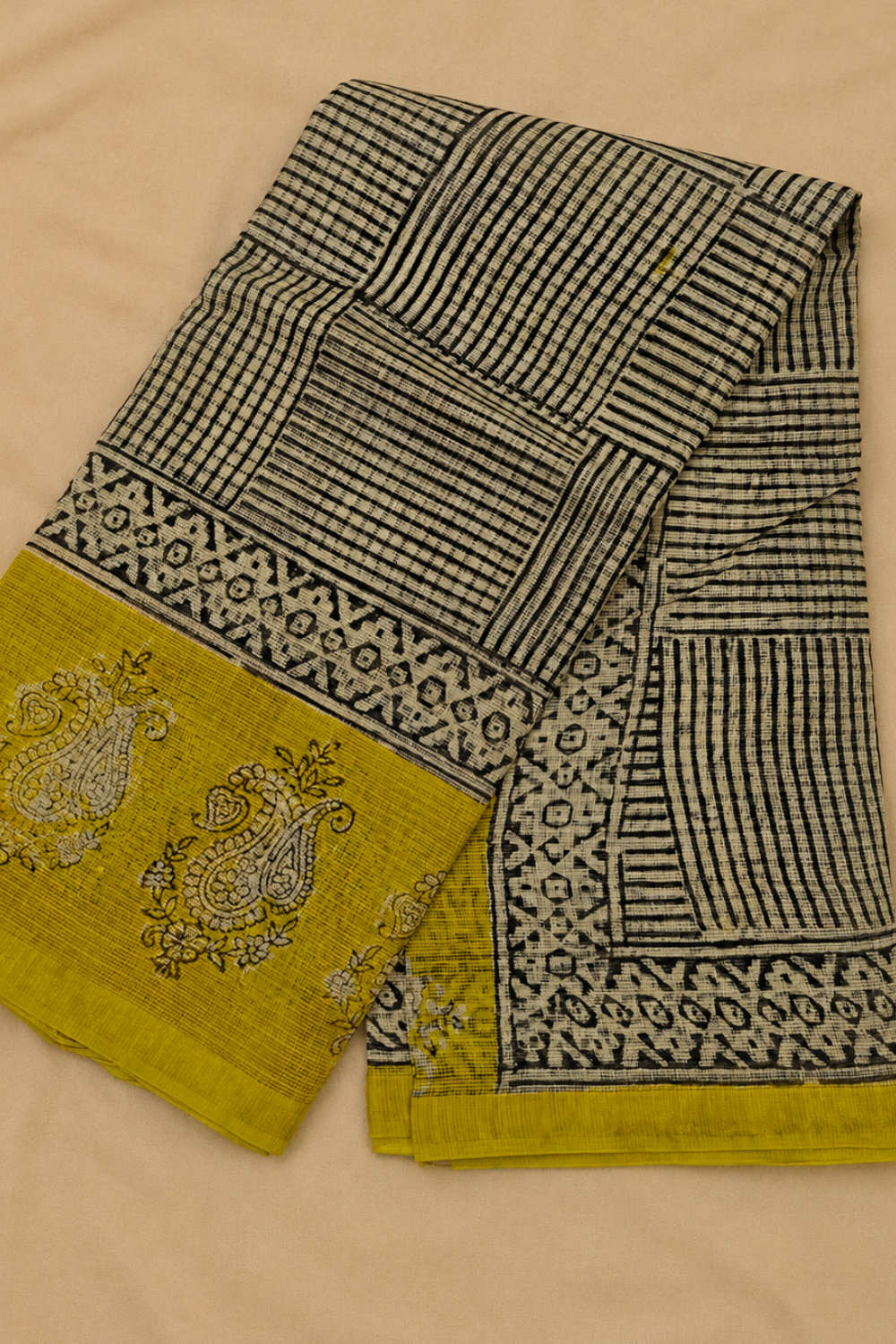 Mustard & Black Hand Block Printed Kota Doria Saree