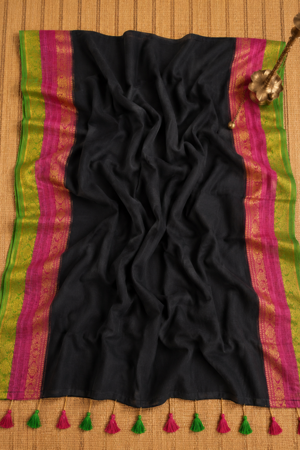 Black Mul Mul Cotton Saree with Pink & Green Border
